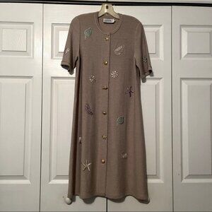 ALNORAL by Al Spokavicius button down knit dress w/leaves embroidery size S Tan